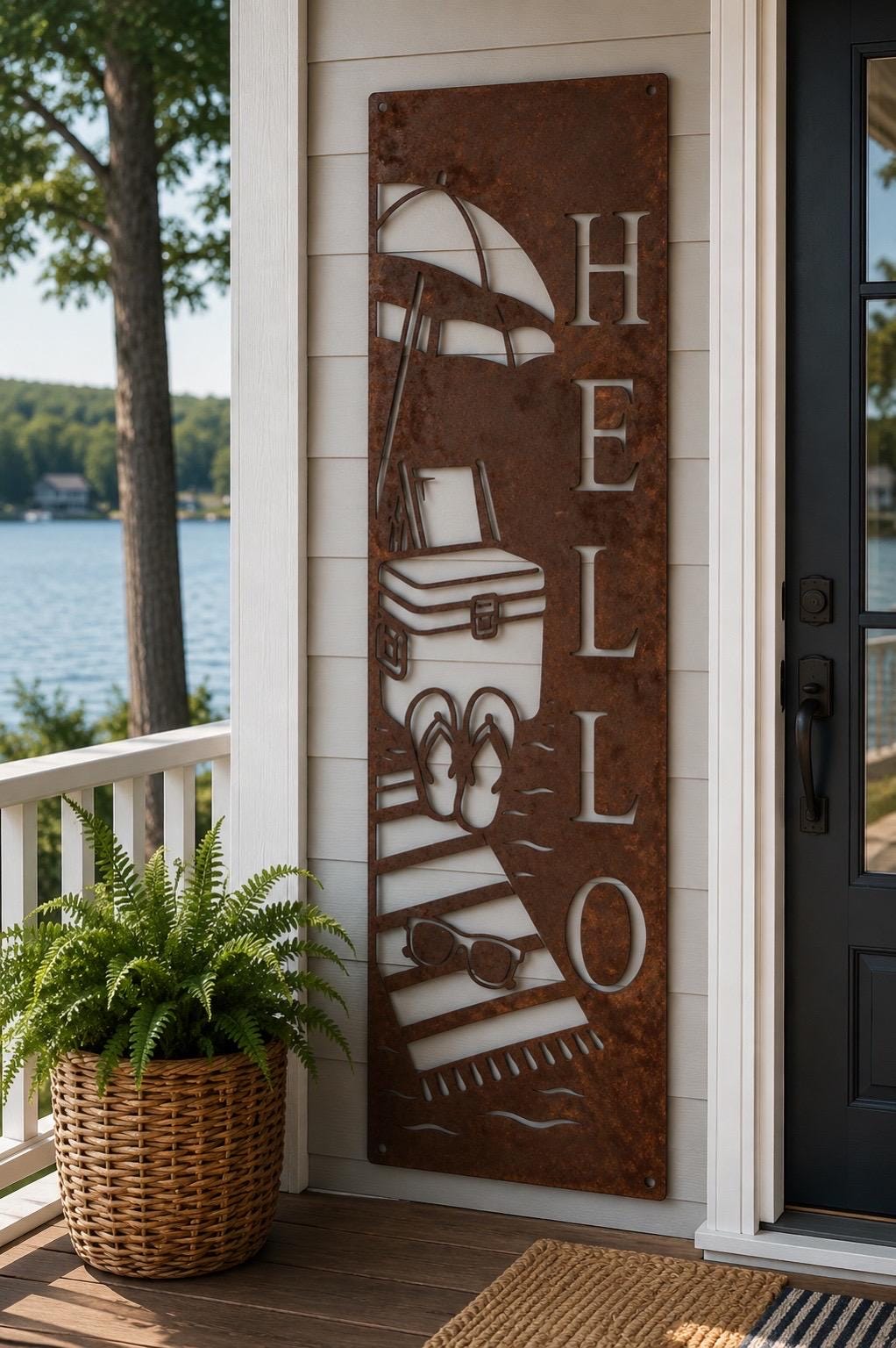 Lake Life Porch Leaner | Lake House Welcome Sign | Lakeside Metal Porch Decor | Rustic Cabin Sign | Lake Cottage Wall Art