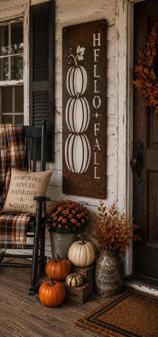 Hello Fall Porch Leaner | Pumpkin Stack Metal Sign | Rustic Farmhouse Fall Decor | Harvest Porch Sign | Autumn Welcome Sign
