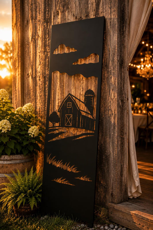 Farmhouse Metal Wall Art | Rustic Barn Scene Wall Decor | Country Farm Metal Art | Barn Landscape Panel | Farmhouse Porch Decor