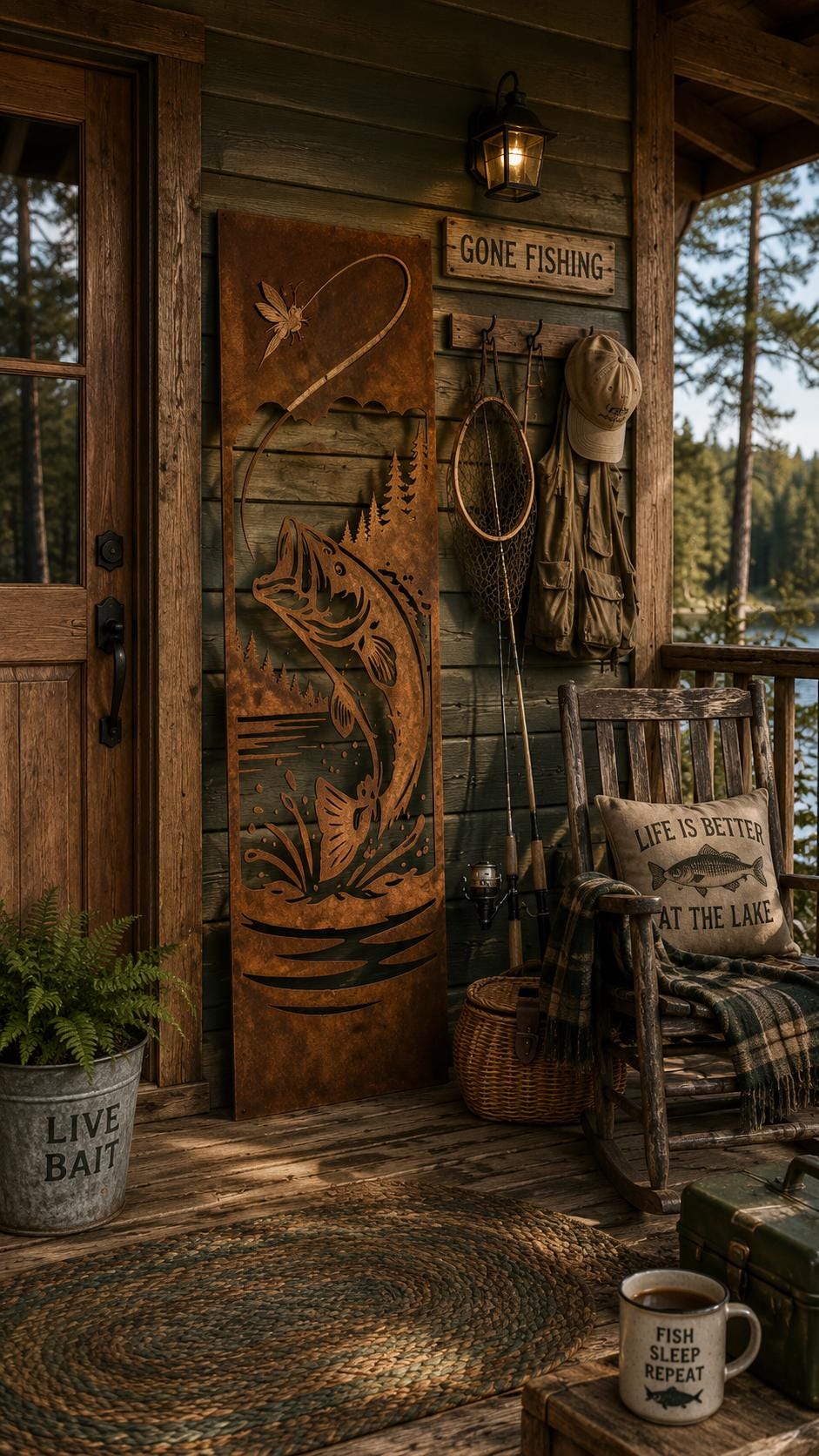 Fishing Metal Wall Art | Rustic Lake House Decor | Bass Fishing Wall Hanging | Fisherman Gift | Cabin & Lodge Metal Art | Porch Leaner Sign