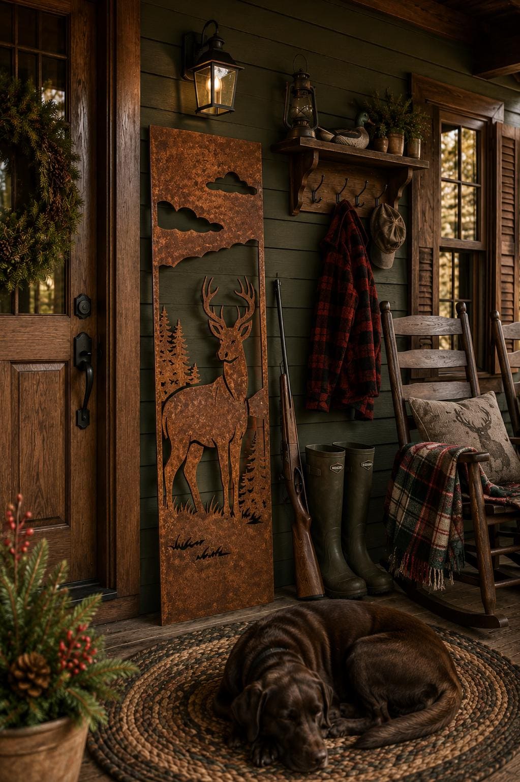 Whitetail Deer Metal Wall Art | Rustic Cabin Decor | Hunting Lodge Wall Hanging | Deer Scene | Outdoor Rustic Metal Art | Porch Leaner Sign