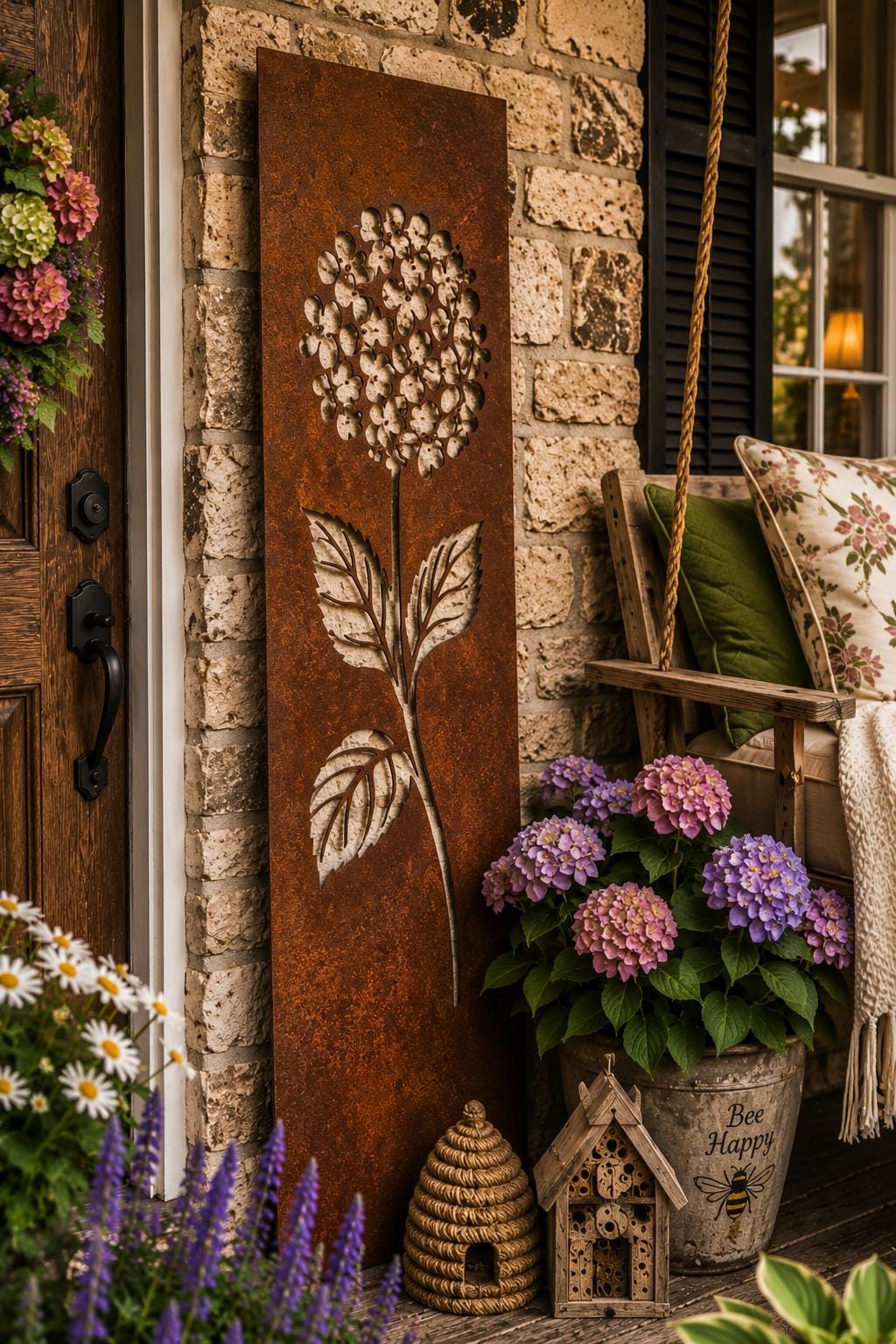 Hydrangea Metal Wall Art | Rustic Hydrangea Garden Panel | Cottage Garden Decor | Floral Metal Wall Hanging | Hydrangea Porch Leaner Sign