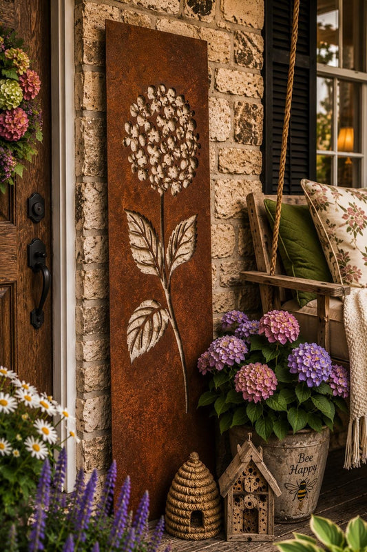 Hydrangea Metal Wall Art | Rustic Hydrangea Garden Panel | Cottage Garden Decor | Floral Metal Wall Hanging | Hydrangea Porch Leaner Sign