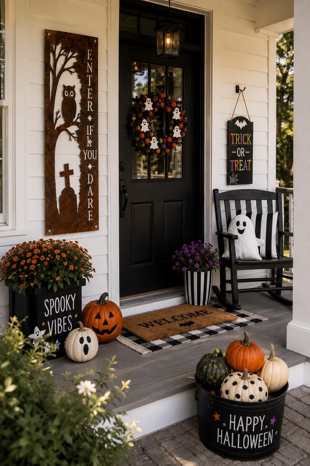 Enter If You Dare Porch Leaner | Halloween Metal Sign | Spooky Owl Graveyard Decor | Rustic Halloween Porch Decor | Gothic Fall Sign