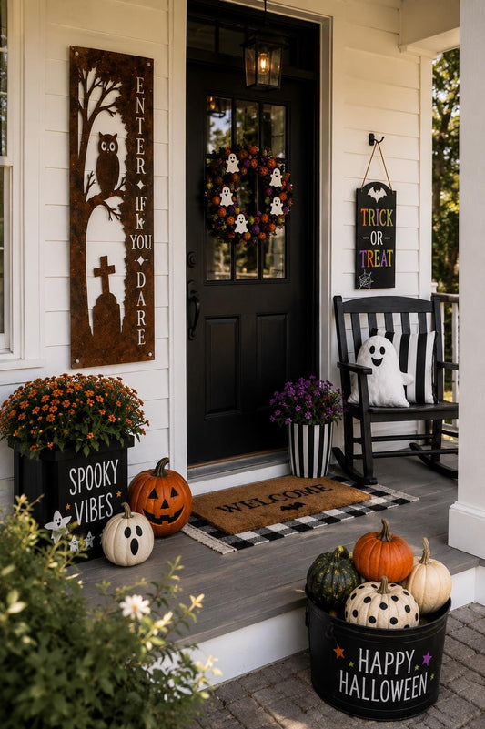 Enter If You Dare Porch Leaner | Halloween Metal Sign | Spooky Owl Graveyard Decor | Rustic Halloween Porch Decor | Gothic Fall Sign