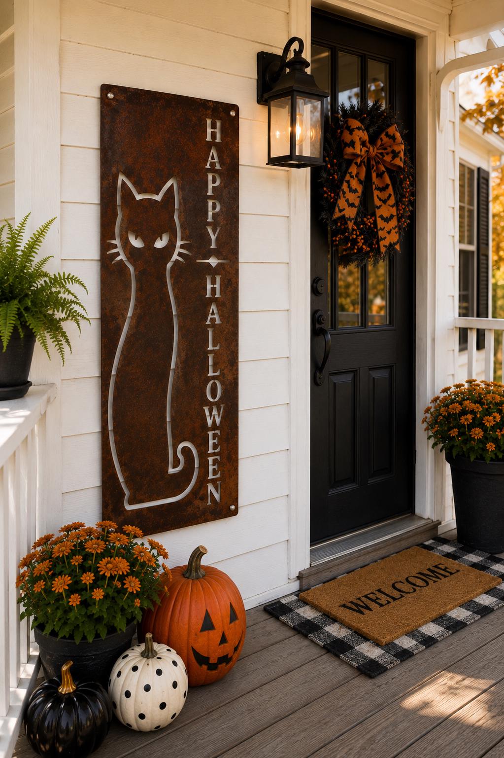 Happy Halloween Black Cat Porch Leaner | Halloween Metal Sign | Spooky Cat Decor | Rustic Halloween Porch Decor | Gothic Farmhouse Sign