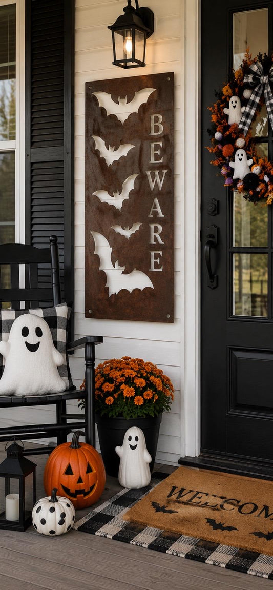 Beware Bat Porch Leaner | Halloween Metal Sign | Bat Halloween Decor | Spooky Porch Decor | Gothic Farmhouse Sign | Haunted House Decor