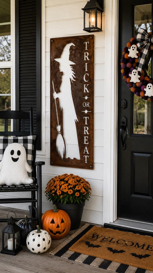 Trick or Treat Witch Porch Leaner | Halloween Metal Sign | Witch Halloween Decor | Spooky Porch Decor | Farmhouse Halloween Sign