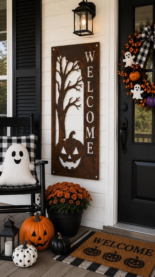 Halloween Welcome Porch Leaner | Jack O Lantern Metal Sign | Pumpkin Halloween Decor | Rustic Halloween Porch Sign | Farmhouse Spooky Season