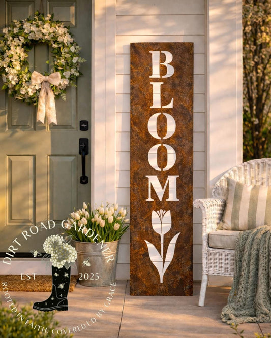 BLOOM Botanical Farmhouse Country Cottage Vertical Porch Sign | Porch Leaner