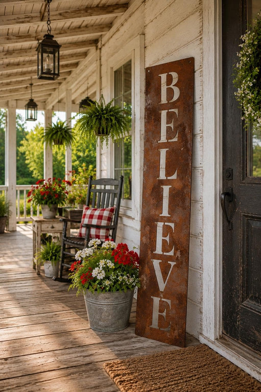 BELIEVE Porch Leaner Sign | 48" Rusted Steel Farmhouse Vertical Sign | Handmade Faith-Inspired Porch Decor