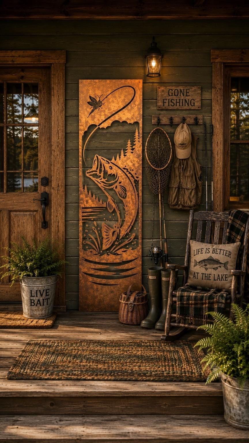 Fishing Metal Wall Art | Rustic Lake House Decor | Bass Fishing Wall Hanging | Fisherman Gift | Cabin & Lodge Metal Art | Porch Leaner Sign