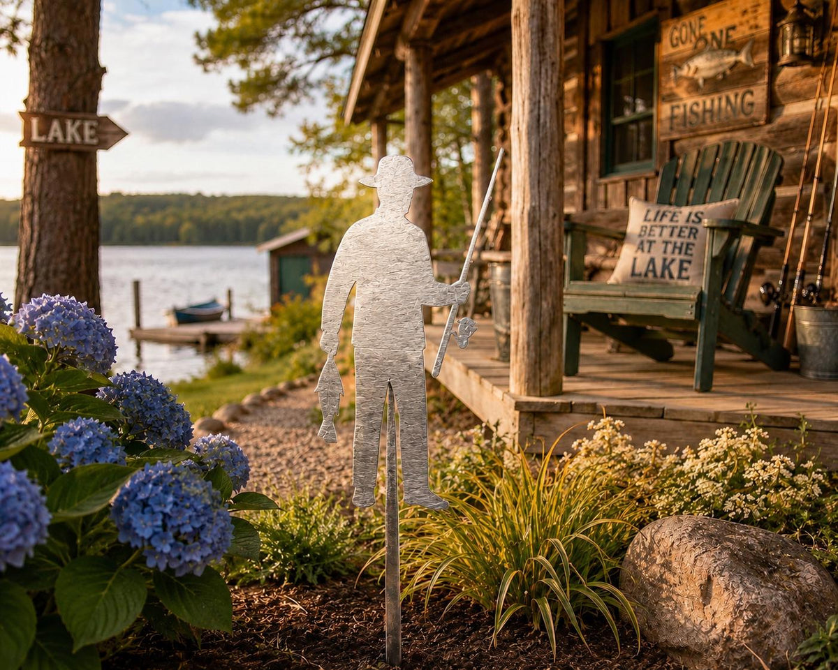 Handcrafted Fisherman Garden Stake | Rustic Steel Yard Art, Lake House Decor