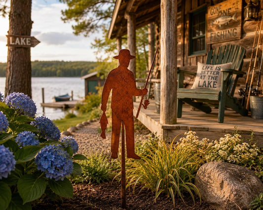 Handcrafted Fisherman Garden Stake | Rustic Steel Yard Art, Lake House Decor