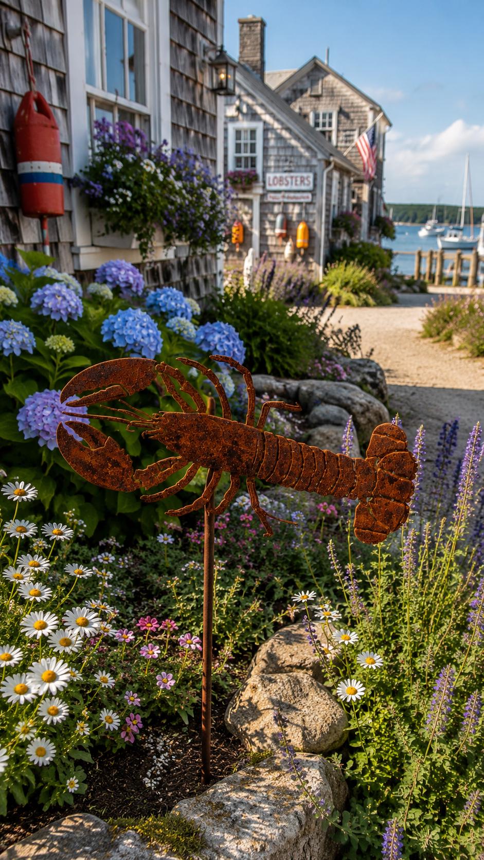 Handcrafted Steel Lobster Garden Stake | Rustic Coastal Yard Art