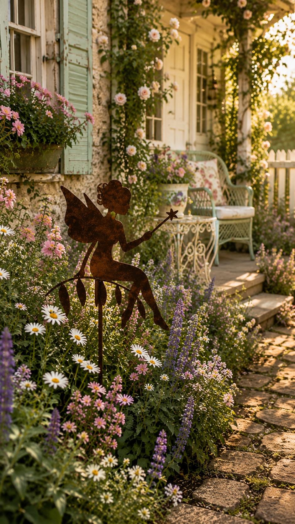 Seated Fairy with Wand Metal Garden Stake | Handmade Steel Garden Art