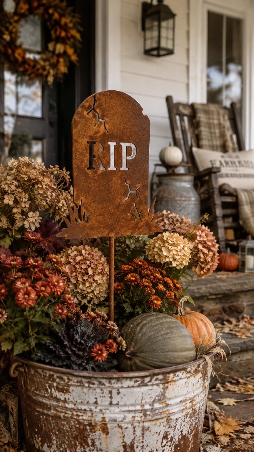 RIP Tombstone Garden Stake | Rusted Metal Halloween Yard Decor | Graveyard Garden Stake | Spooky Cemetery Decor | Handmade Steel Garden Art