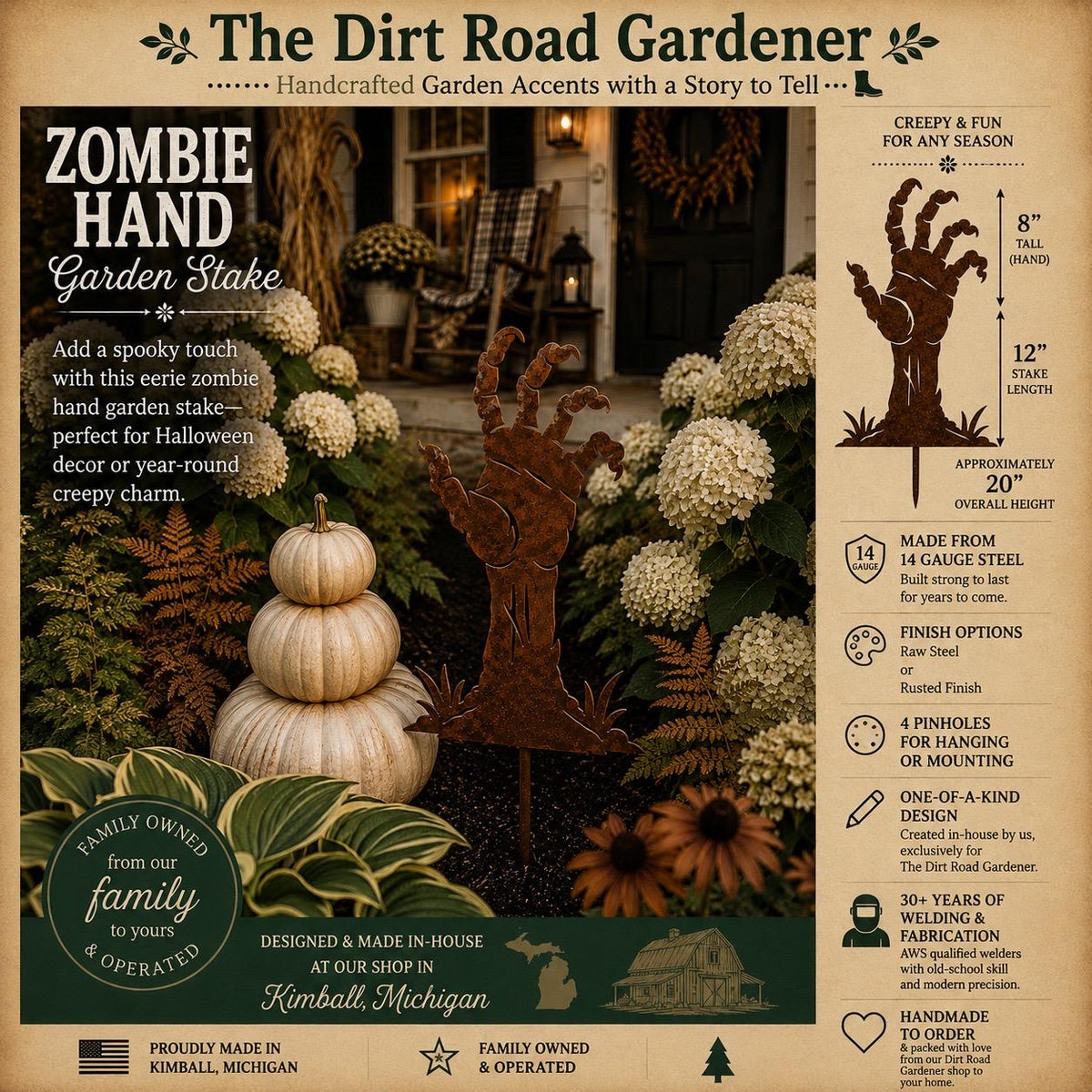 Zombie Hand Garden Stake | Metal Halloween Yard Decor | Creepy Graveyard Garden Art | Rusted Steel Zombie Hand | Spooky Garden Stake