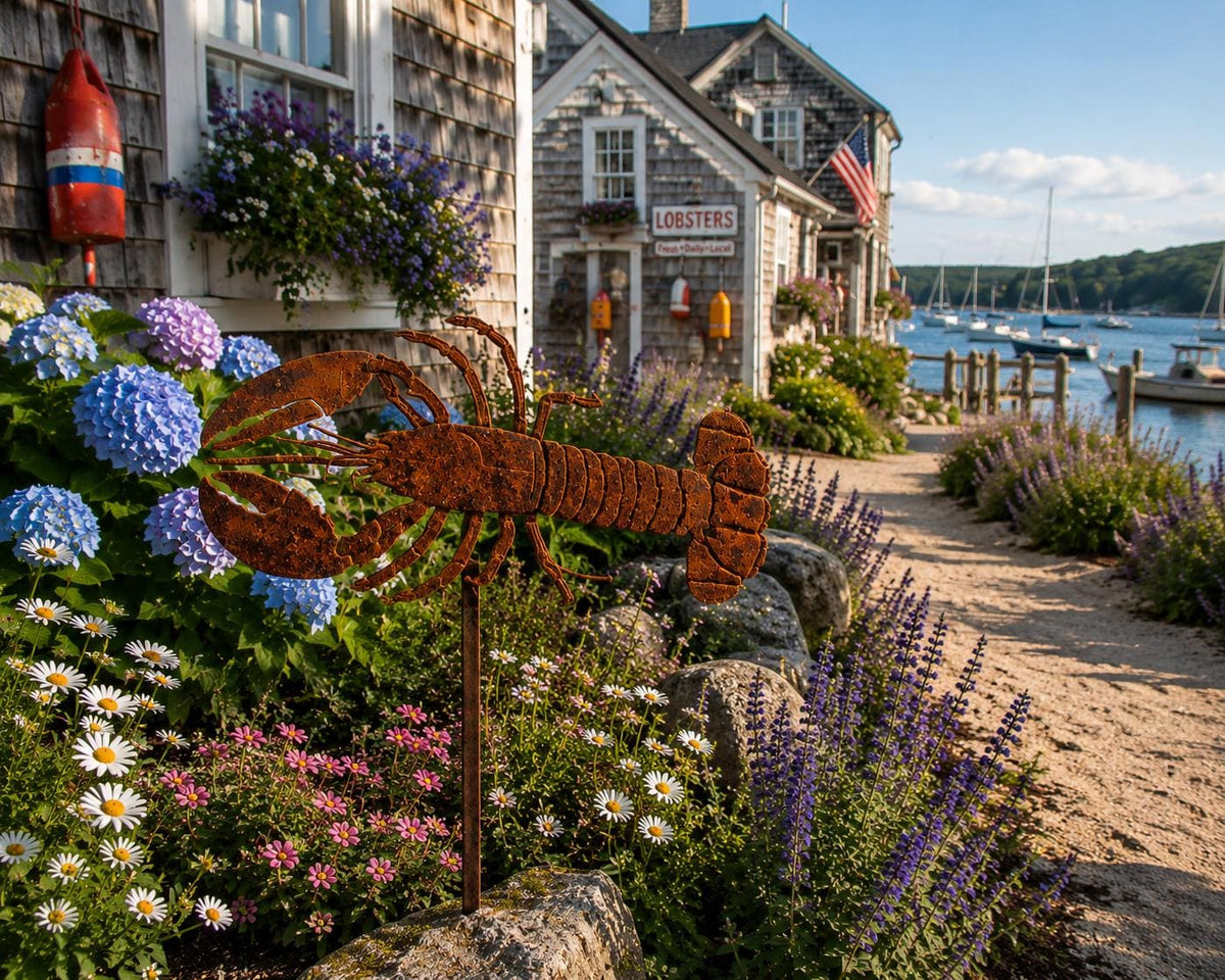 Handcrafted Steel Lobster Garden Stake | Rustic Coastal Yard Art