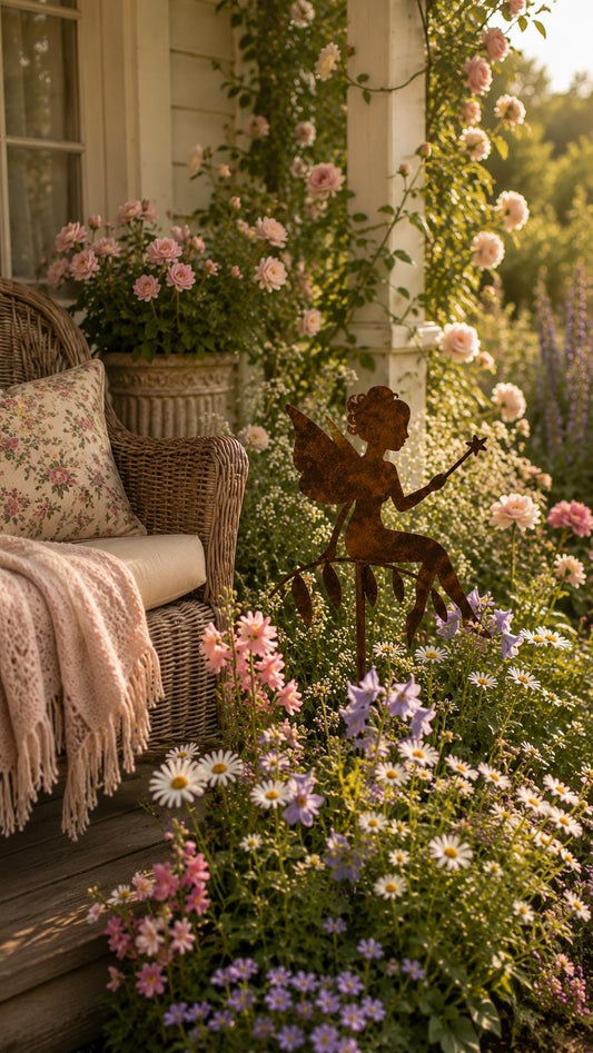Seated Fairy with Wand Metal Garden Stake | Handmade Steel Garden Art