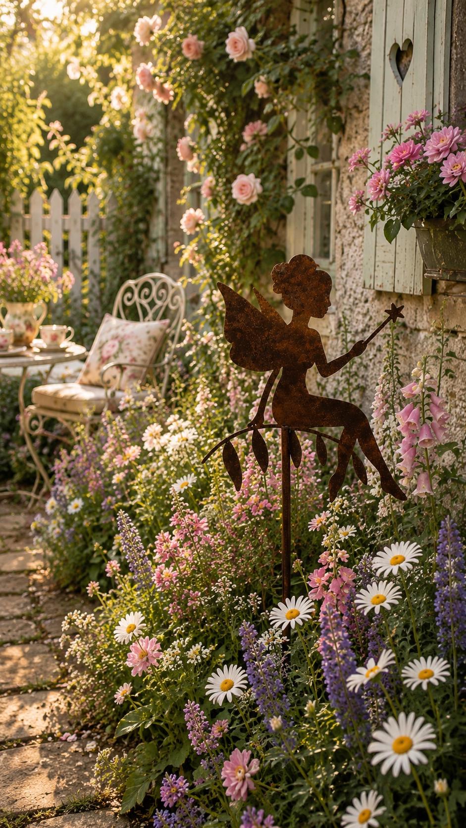 Seated Fairy with Wand Metal Garden Stake | Handmade Steel Garden Art