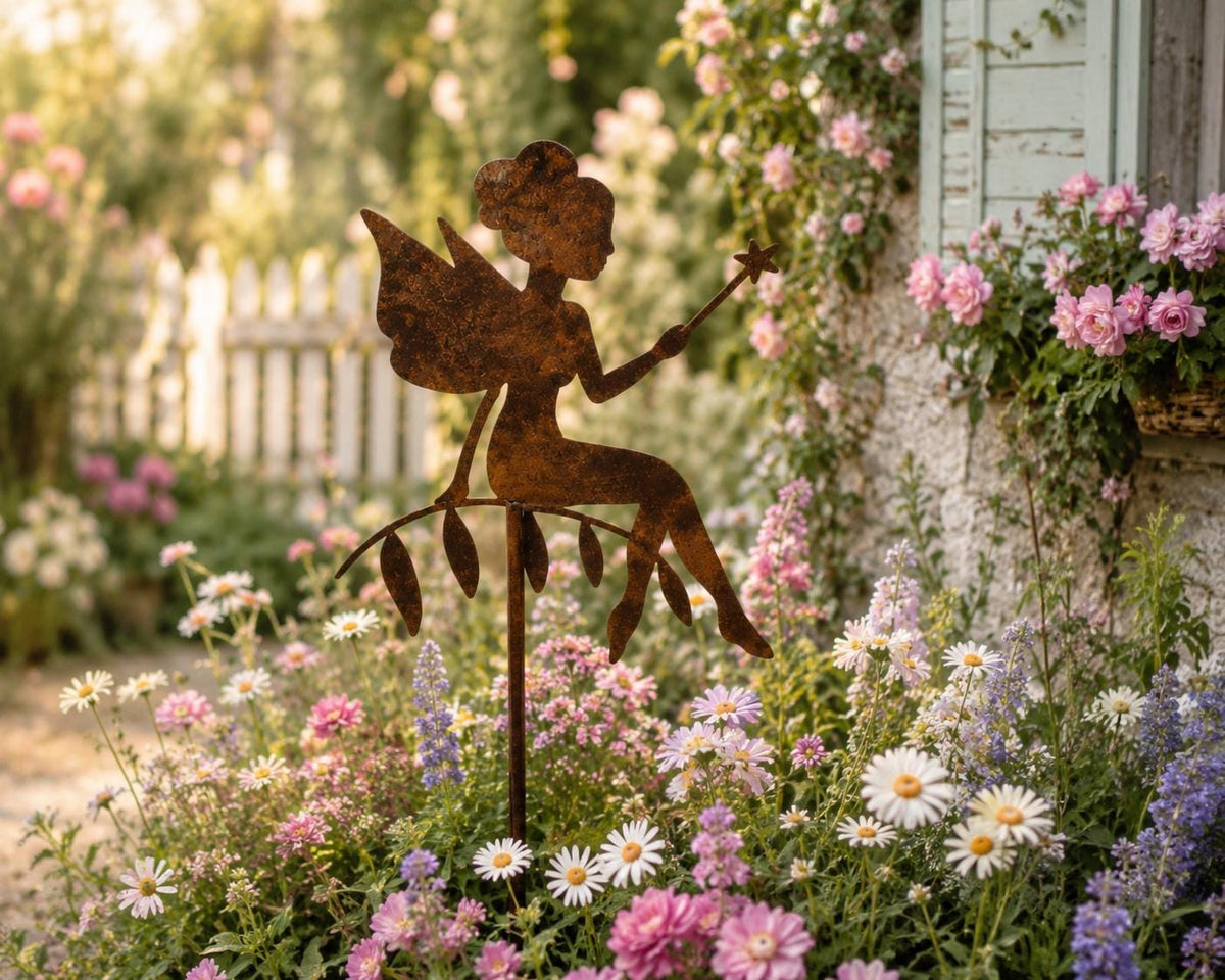 Seated Fairy with Wand Metal Garden Stake | Handmade Steel Garden Art