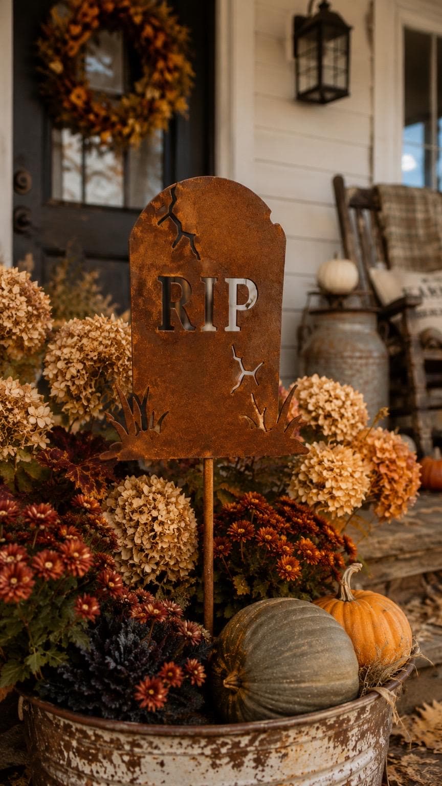RIP Tombstone Garden Stake | Rusted Metal Halloween Yard Decor | Graveyard Garden Stake | Spooky Cemetery Decor | Handmade Steel Garden Art