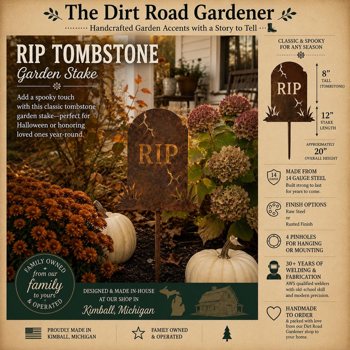 RIP Tombstone Garden Stake | Rusted Metal Halloween Yard Decor | Graveyard Garden Stake | Spooky Cemetery Decor | Handmade Steel Garden Art