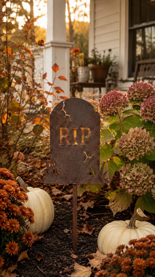 RIP Tombstone Garden Stake | Rusted Metal Halloween Yard Decor | Graveyard Garden Stake | Spooky Cemetery Decor | Handmade Steel Garden Art