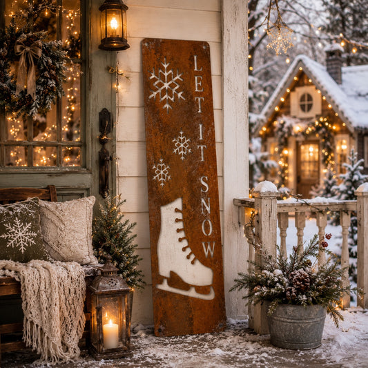 Let It Snow Ice Skate Winter Metal Porch Leaner