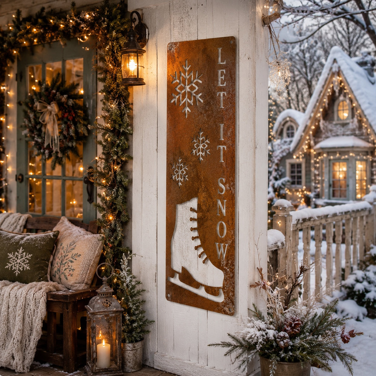 Let It Snow Ice Skate Winter Metal Porch Leaner
