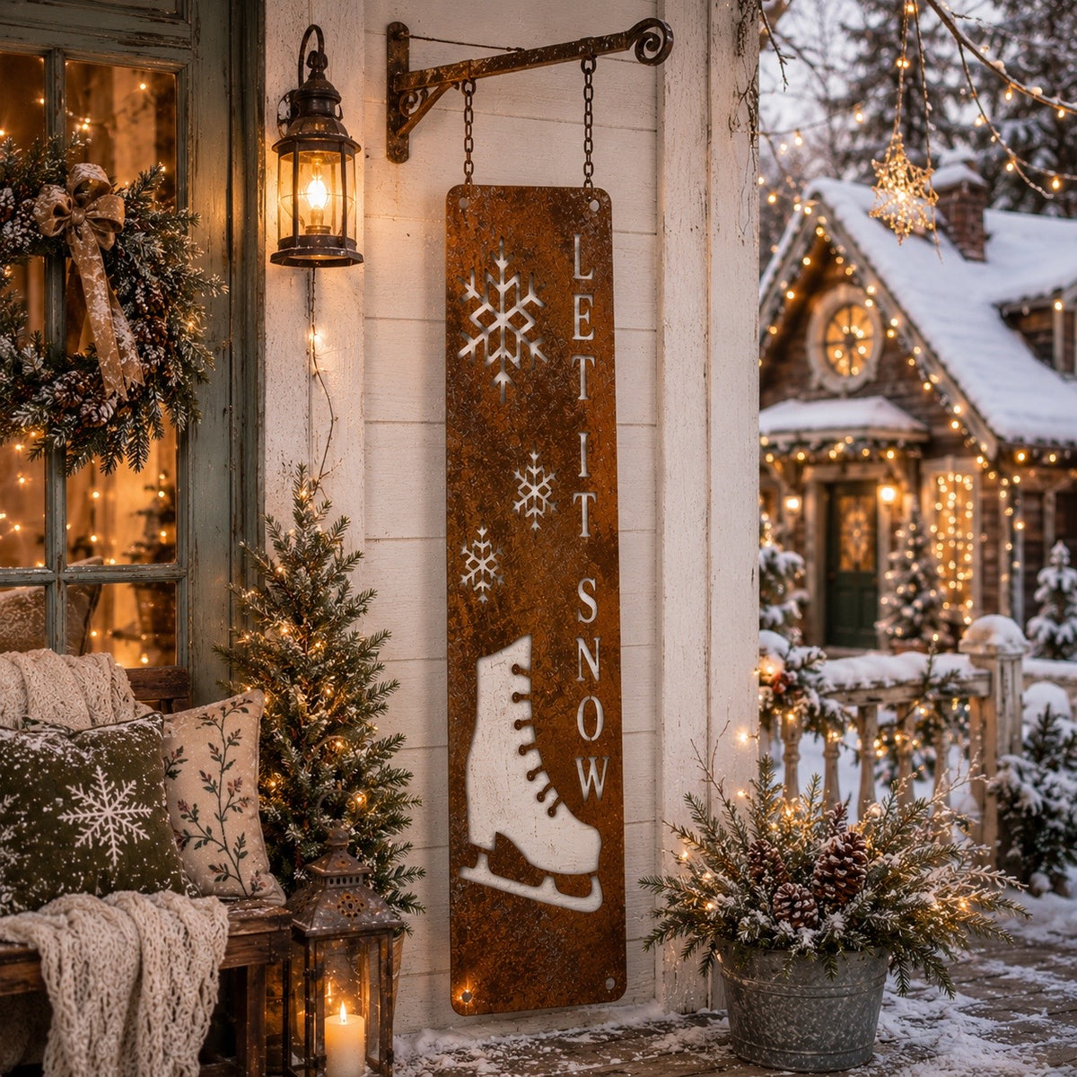 Let It Snow Ice Skate Winter Metal Porch Leaner