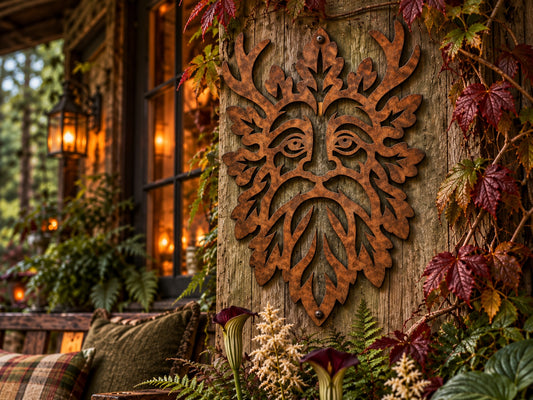 Oakborne Guardian woodland spirit face with oak leaves and antlers in Signature Rusted steel on a rustic porch wall
