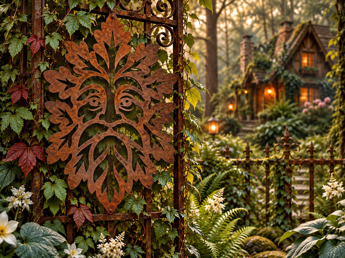 Oakwood Keeper oak leaf woodland spirit face in Signature Rusted steel displayed on a vine-covered garden gate