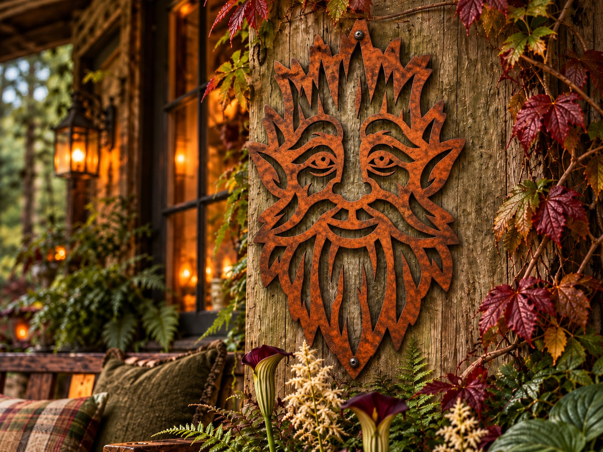 Old Timber Keeper woodland spirit face with jagged crown, pointed ears and long beard in Signature Rusted steel on a wooden porch wall