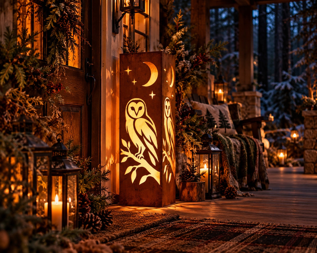 Owl and crescent moon rusted steel solar luminary on cozy woodland porch, view 1