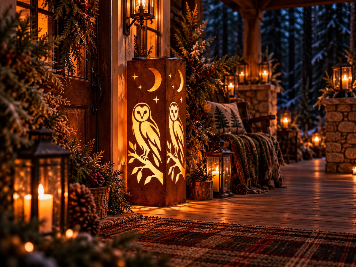 Owl and crescent moon rusted steel solar luminary on cozy woodland porch, view 2