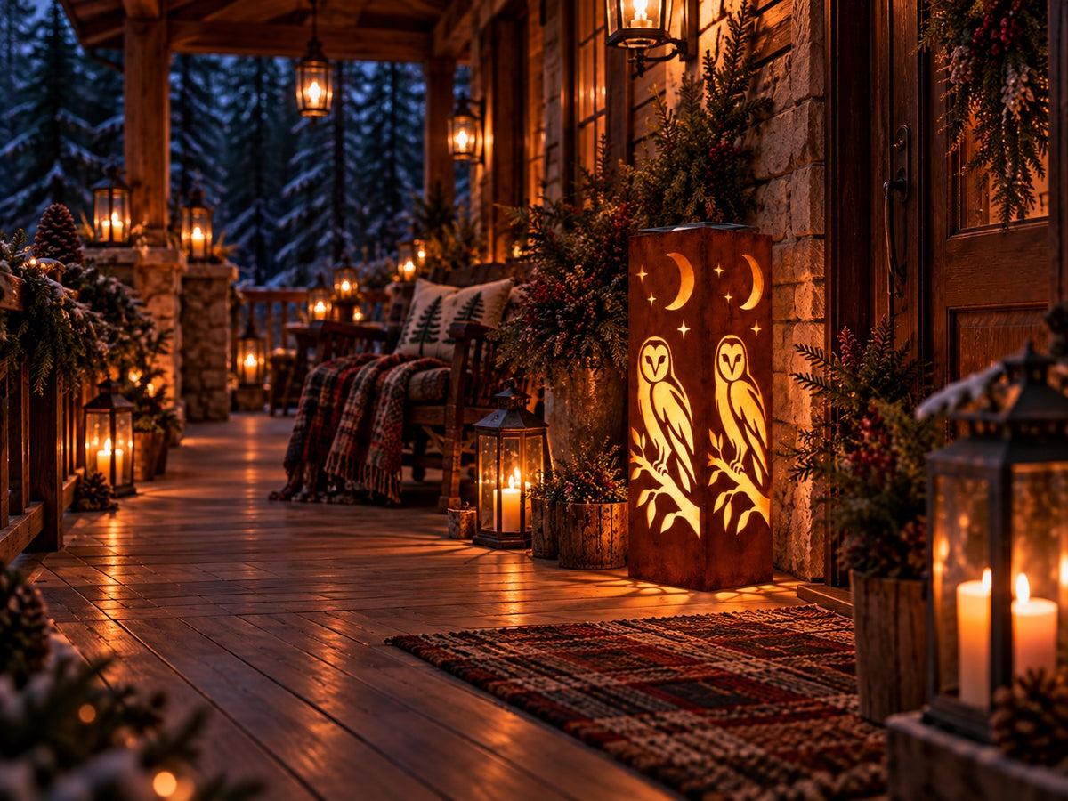 Owl and crescent moon rusted steel solar luminary on cozy woodland porch, view 3