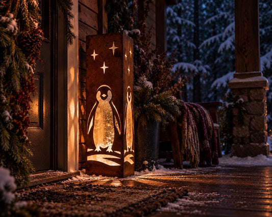 Penguin 1 front-facing 32-inch rusted steel solar luminary with star cutouts on winter porch, view 1