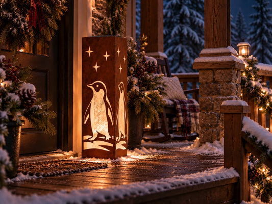 Penguin 2 sideways solar steel luminary with star cutouts, snowy winter porch view 1
