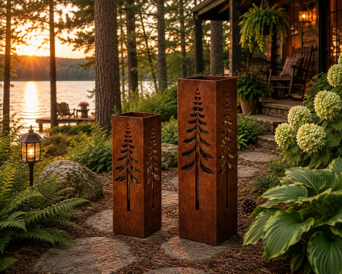 Pine Tree 18 & 24 inch rustic steel garden column set