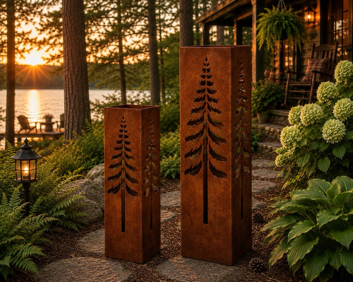 Pine Tree 24 & 32 inch rustic steel garden column set
