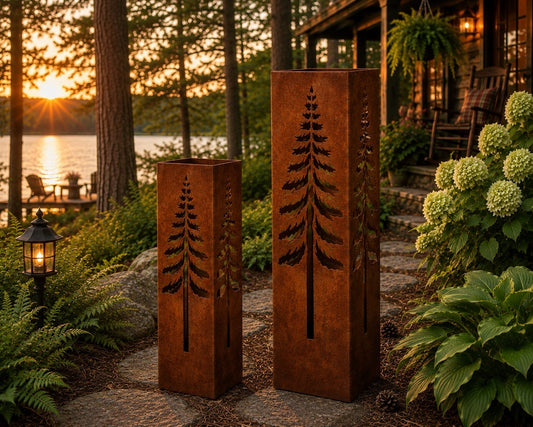 Pine Tree 24 & 32 inch rustic steel garden column set