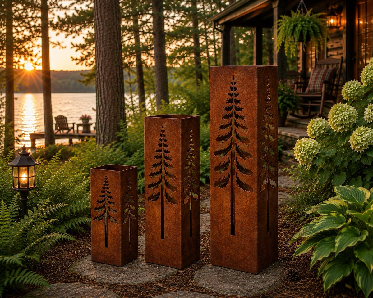 Pine Tree 18, 24 & 32 inch rustic steel garden column set