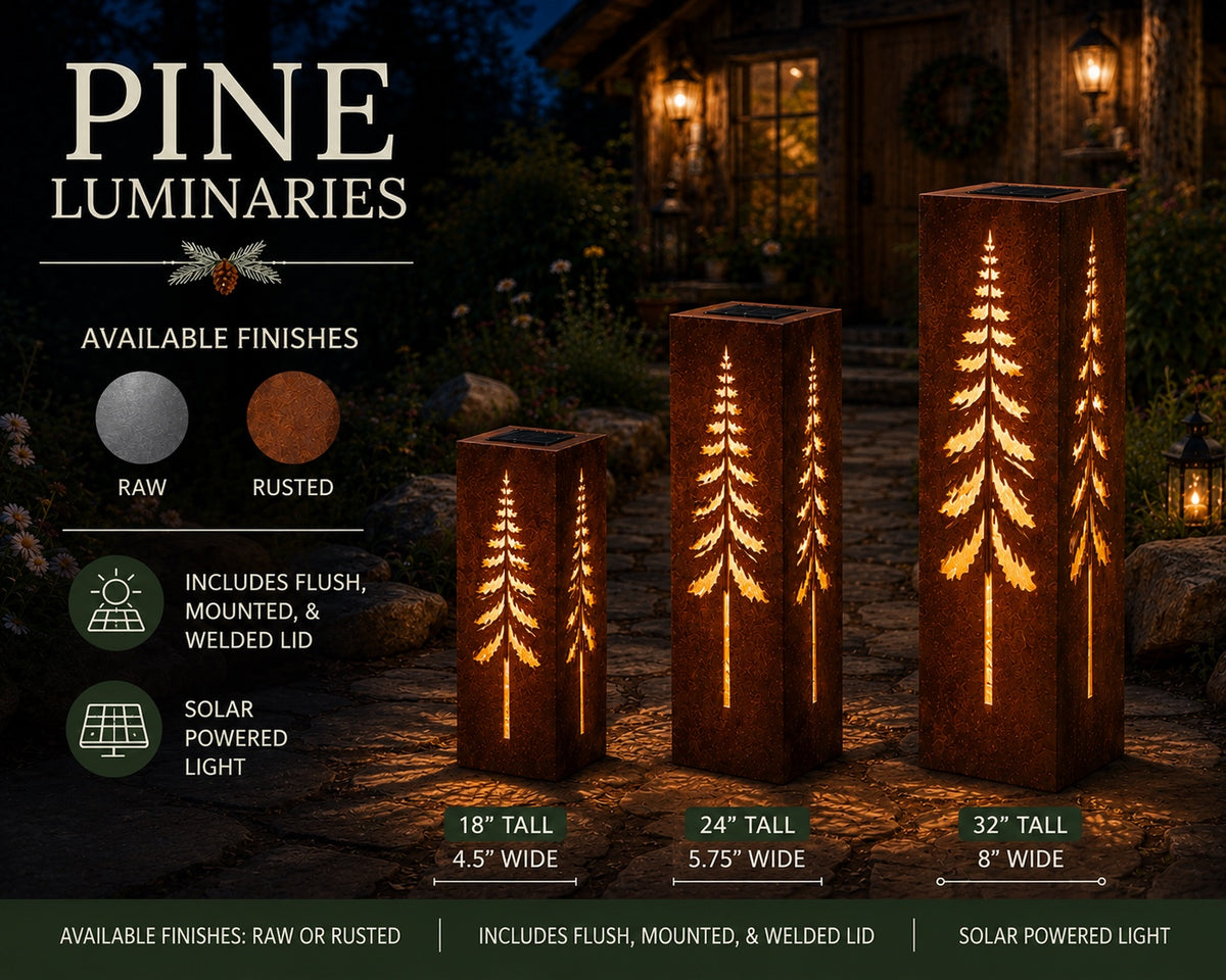 Pine solar steel luminary sizes finishes and solar lighting infographic