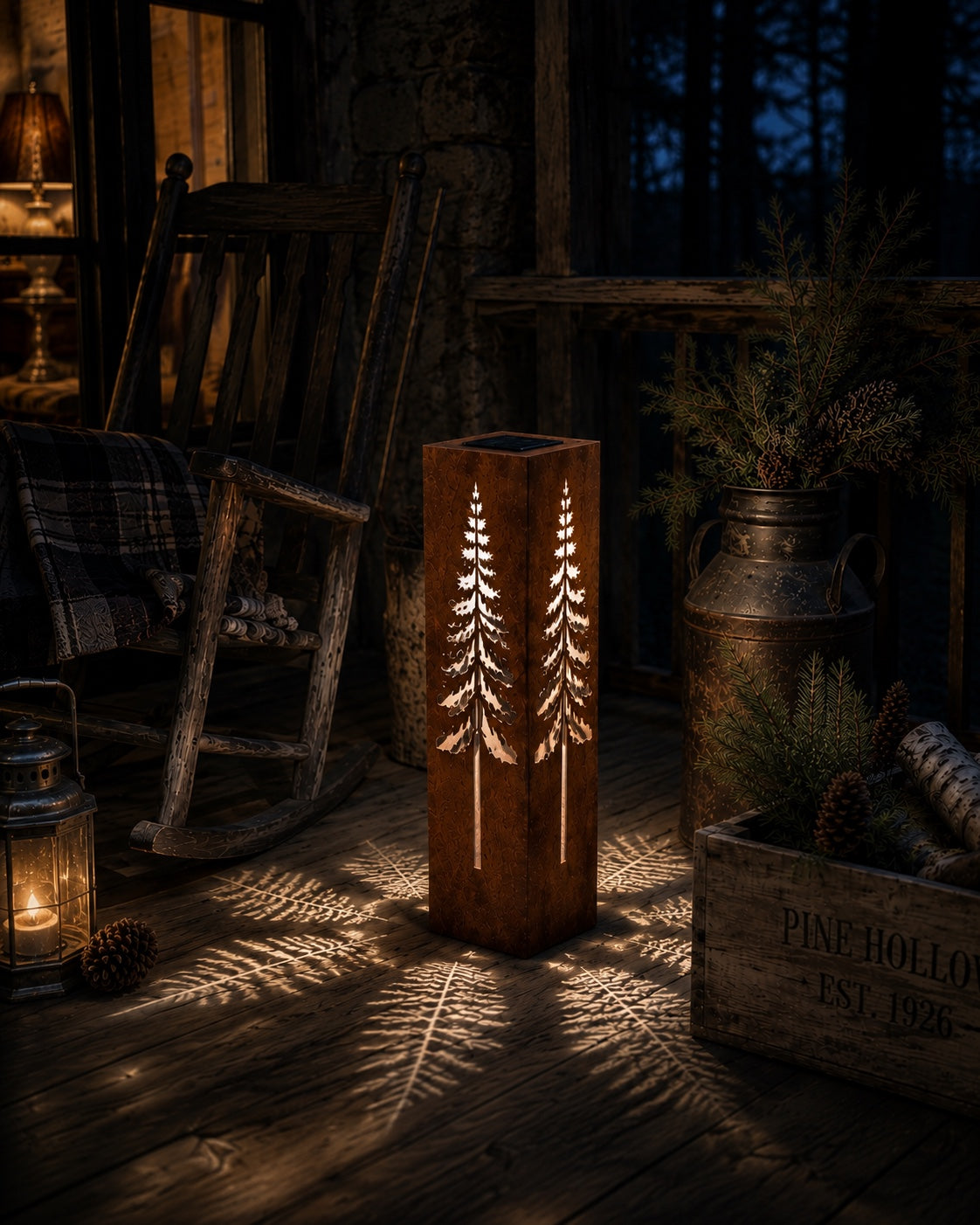 Pine Tree Luminary glowing in a rustic woodland setting