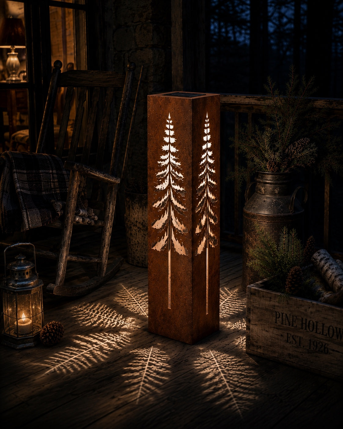 Pine Tree Luminary glowing in a rustic woodland setting