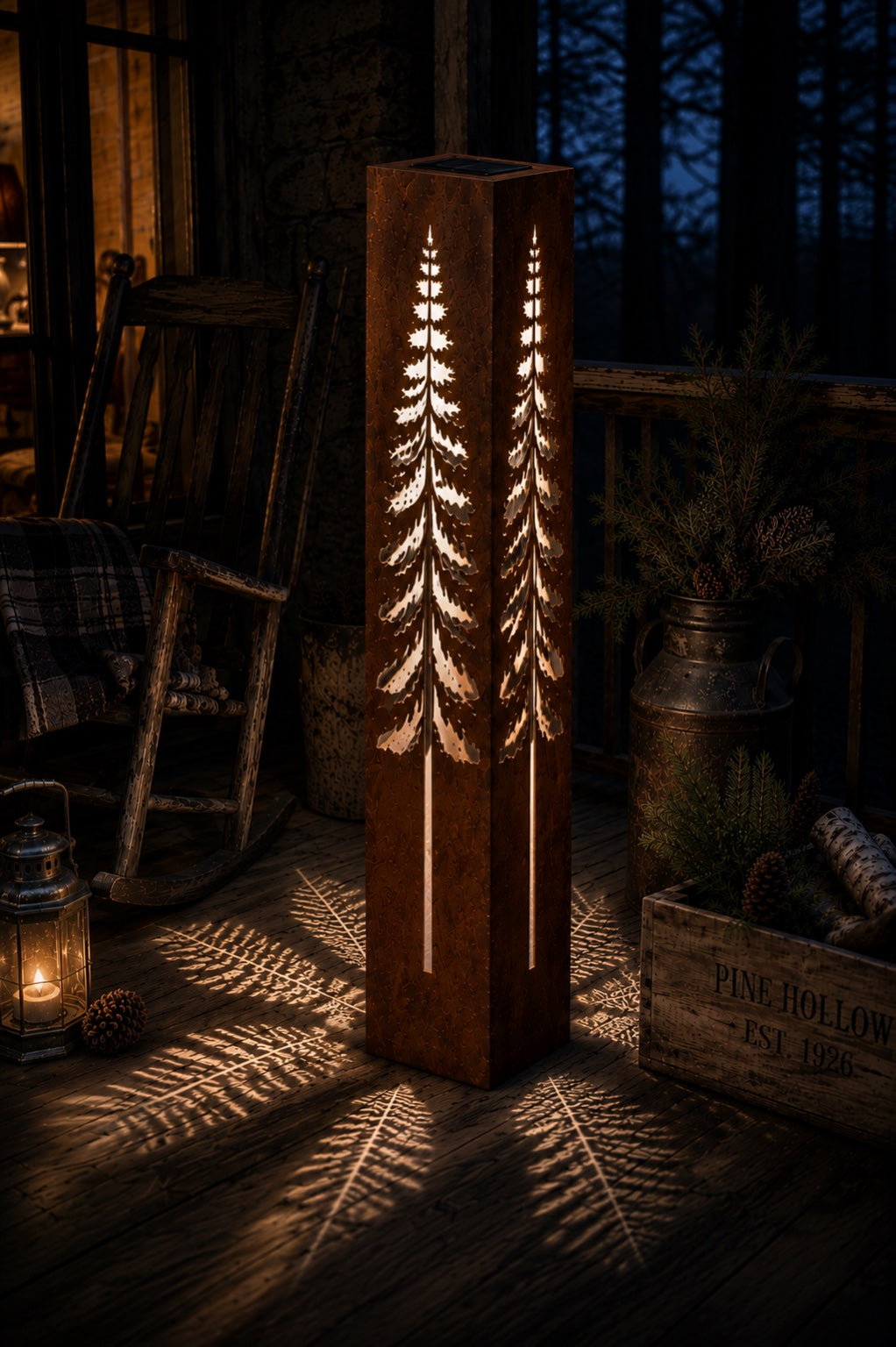 Pine Tree Luminary glowing in a rustic woodland setting