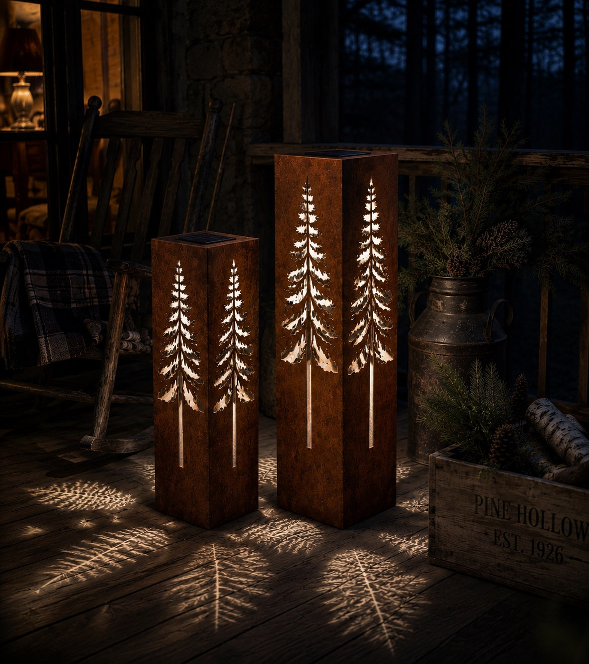 Pine Tree Luminary Set glowing in a rustic woodland setting