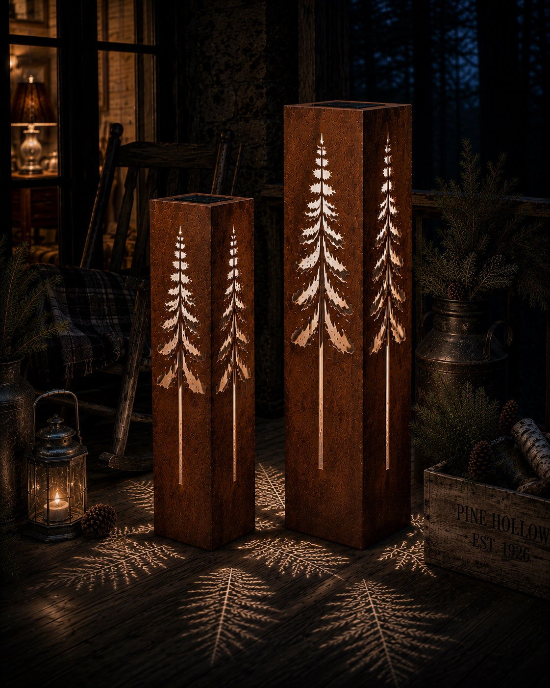 Pine Tree Luminary Set glowing in a rustic woodland setting